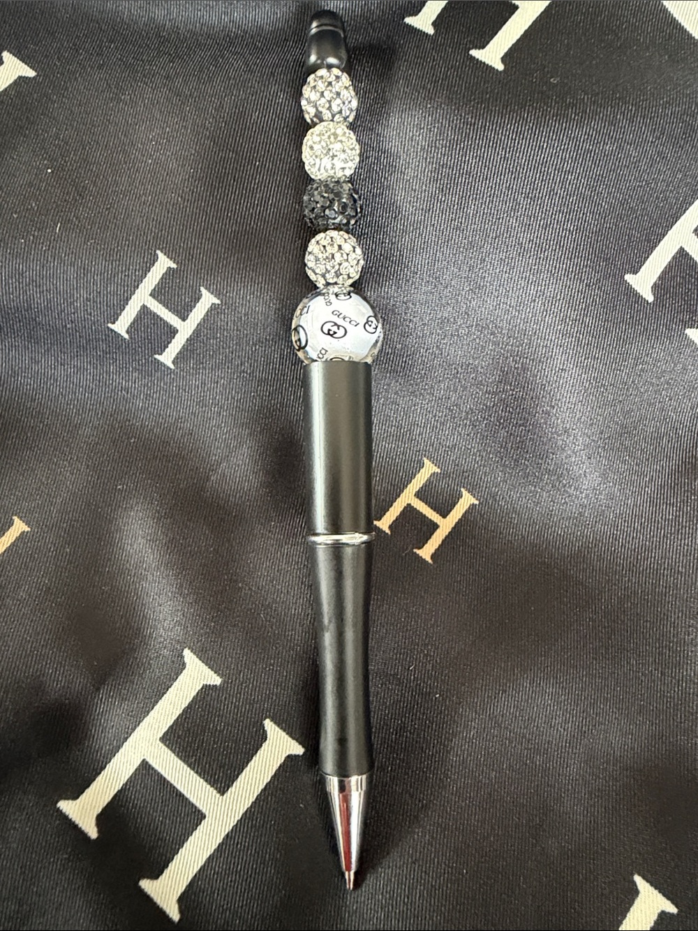 Black Beaded Pen with Silver Rhinestone Accents